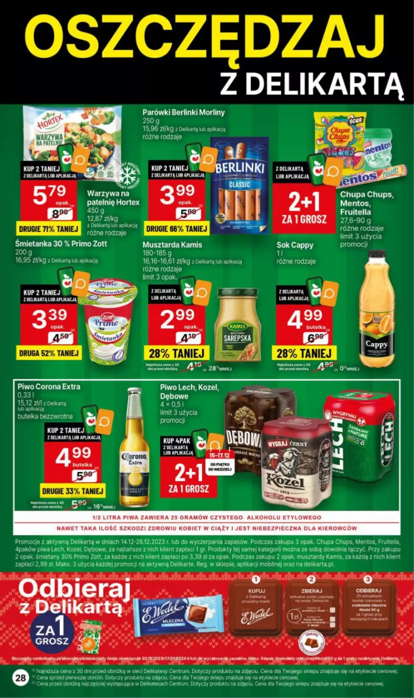 Gazetka promocyjna Delikatesy Centrum - Gazetka DC49 czw-śr - ważna 14.12 do 26.12.2023 - strona 28 - produkty: Berlinki, Cappy, Chupa Chups, Gra, Kamis, Kozel, Mentos, Miecz, Mobil, Morliny, Mus, Musztarda, Parówki, Piec, Piwa, Piwo, Rum, Ser, Sok, Warzywa, Zott