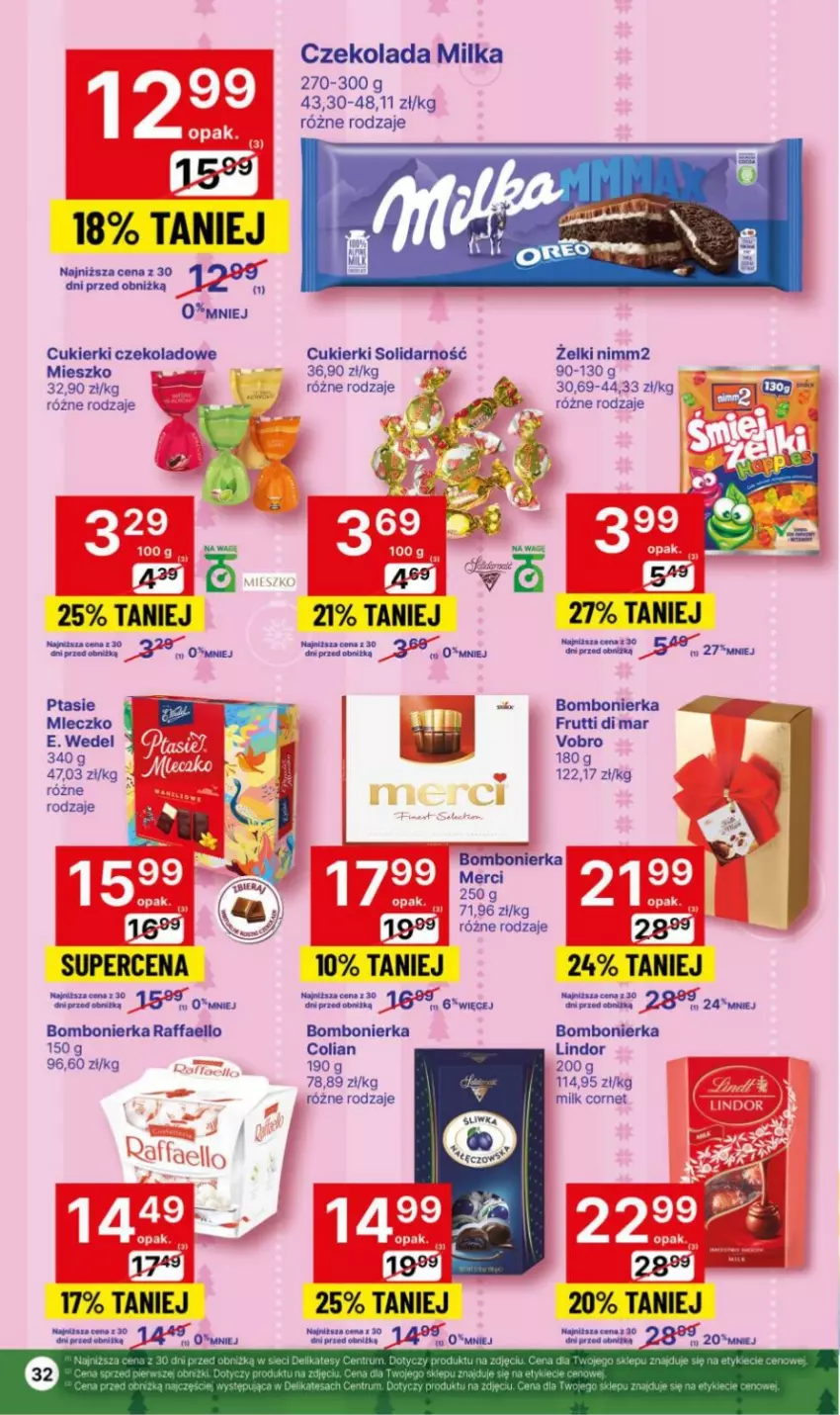 Gazetka promocyjna Delikatesy Centrum - Gazetka DC49 czw-śr - ważna 14.12 do 26.12.2023 - strona 32 - produkty: Brit, Cukier, Cukierki, Czekolada, E. Wedel, Fa, Lindor, Merci, Milka, Mleczko, Nimm2, Raffaello