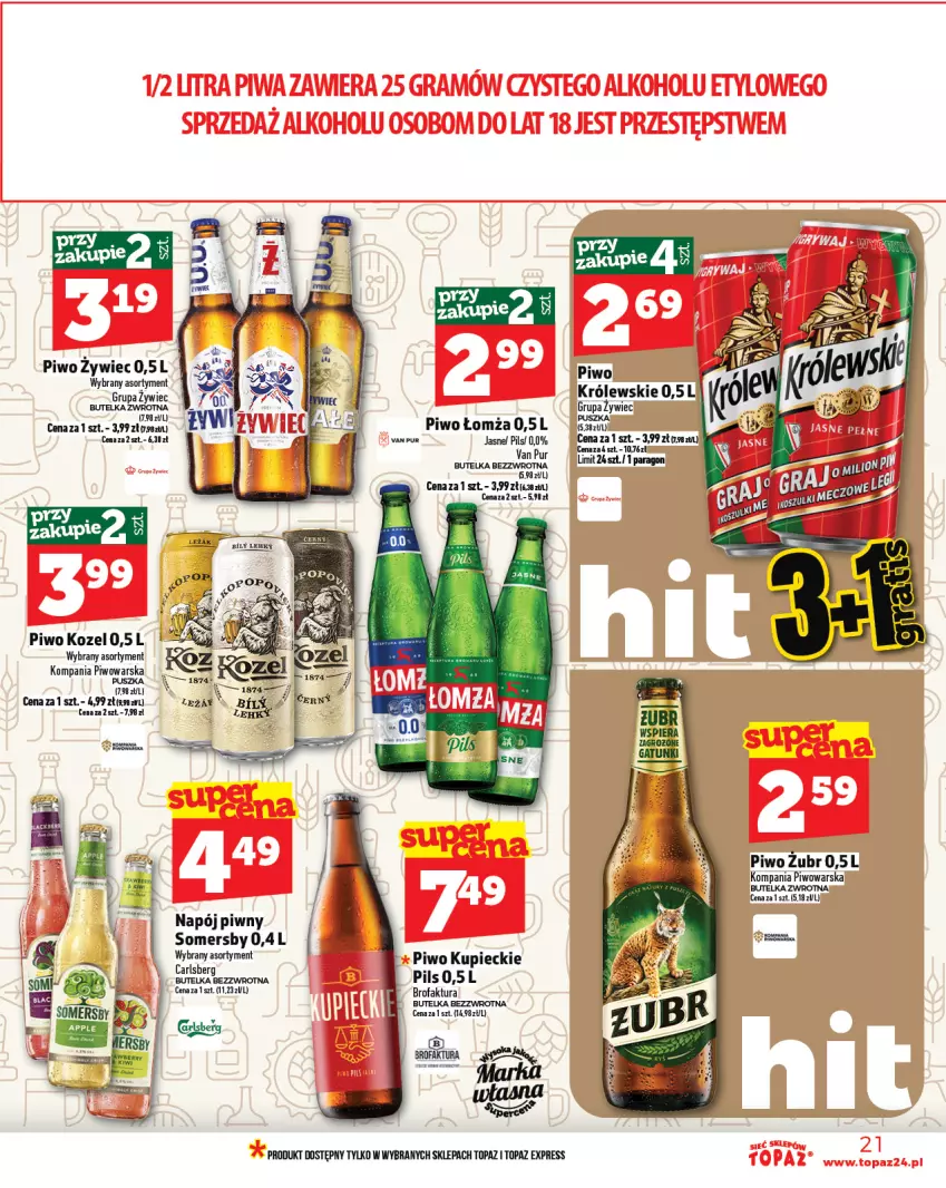 Gazetka promocyjna Topaz - Gazetka - ważna 13.02 do 19.02.2025 - strona 21 - produkty: Fa, Kozel, Królewski, Kupiec, Napój, Piec, Piwo, Pur, Somersby, Top