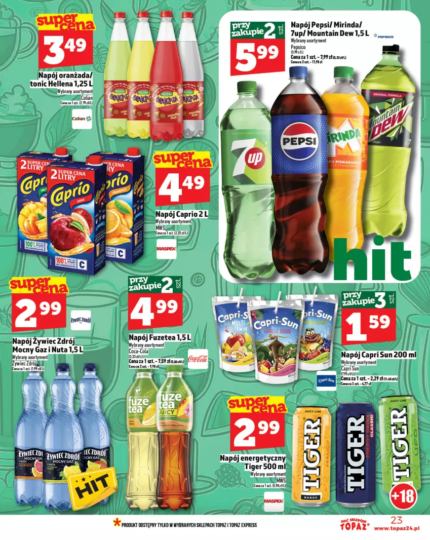 Gazetka promocyjna Topaz - Gazetka - ważna 13.02 do 19.02.2025 - strona 23 - produkty: 7up, Coca-Cola, Hellena, Mirinda, Napój, Napój energetyczny, Oranżada, Pepsi, Tiger, Top