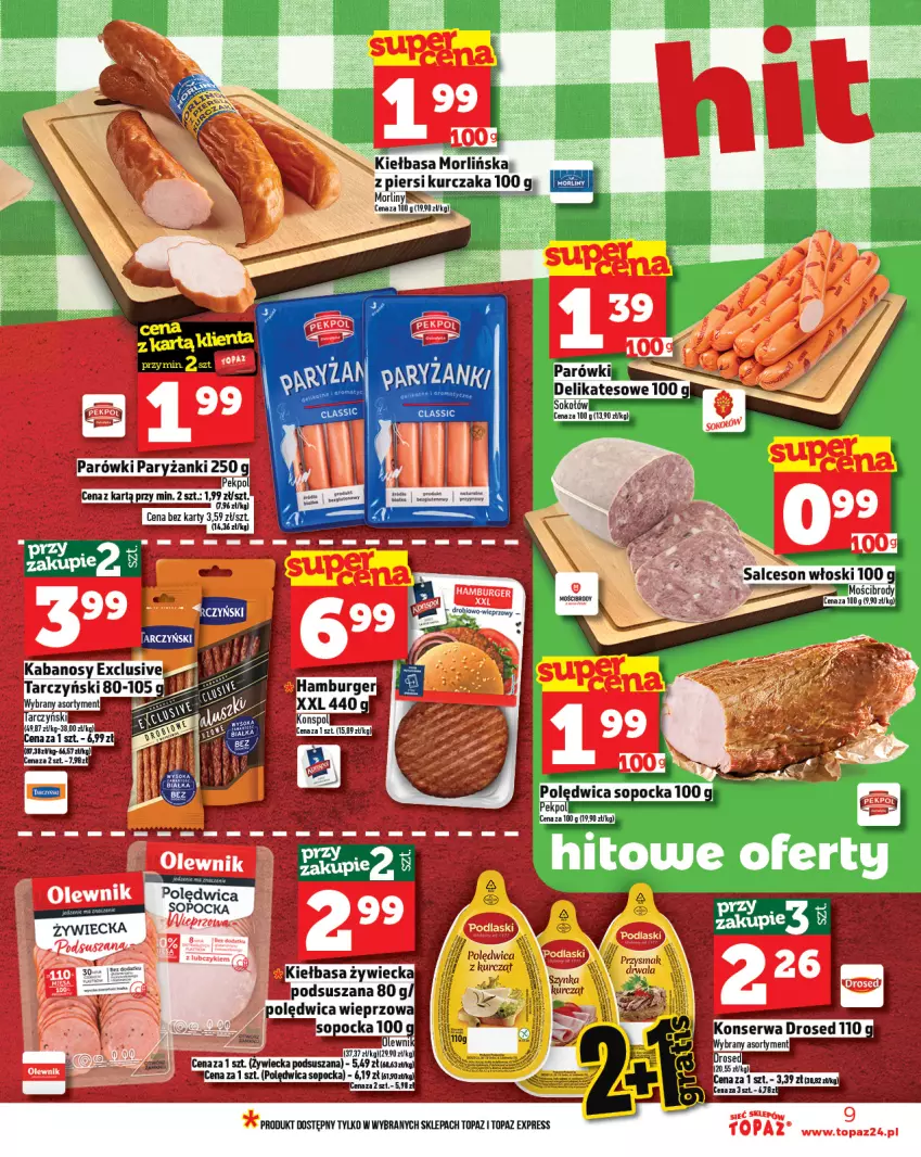 Gazetka promocyjna Topaz - Gazetka - ważna 13.02 do 19.02.2025 - strona 9 - produkty: Burger, Hamburger, Kiełbasa, Kurczak, Morliny, Olewnik, Parówki, Polędwica, Ryż, Ser, Top