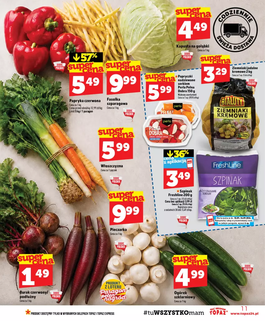 Gazetka promocyjna Topaz - Gazetka - ważna 10.09 do 16.09.2026 - strona 11 - produkty: Fa, Papryczki nadziewane, Papryka, Piec, Pieczarka, Ser, Szpinak, Top, Ziemniaki