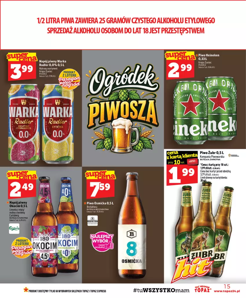 Gazetka promocyjna Topaz - Gazetka - ważna 10.09 do 16.09.2026 - strona 15 - produkty: Fa, Gra, Heineken, Napój, Piwa, Piwo, Radler, Top, Warka