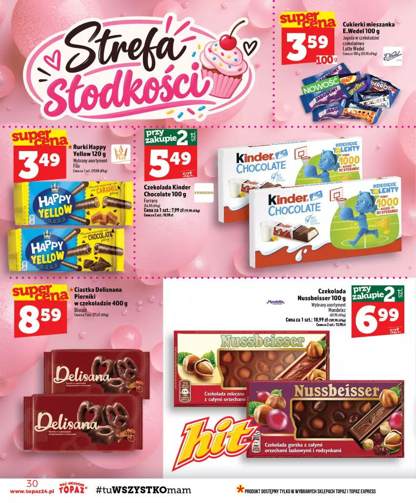 Gazetka promocyjna Topaz - Gazetka - ważna 10.09 do 16.09.2026 - strona 30 - produkty: Ciastka, Cukier, Cukierki, Czekolada, Fa, Ferrero, Kinder, Piernik, Pierniki w czekoladzie, Rurki, Ser, Top