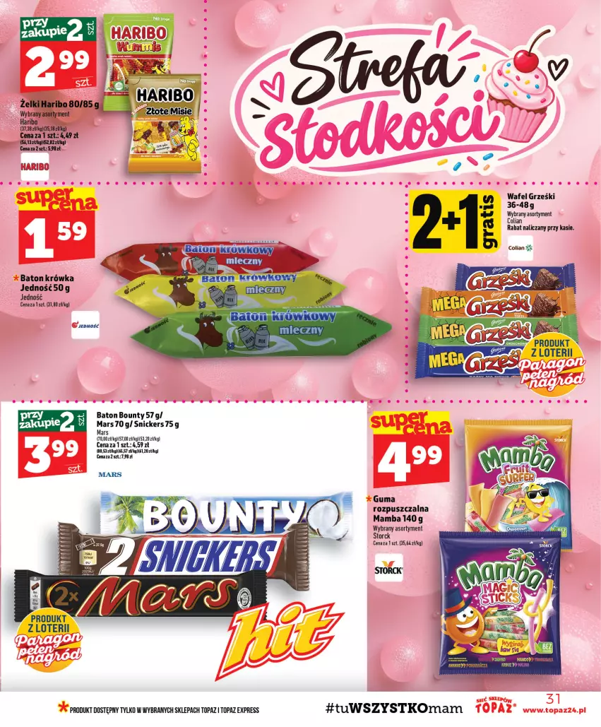 Gazetka promocyjna Topaz - Gazetka - ważna 10.09 do 16.09.2026 - strona 31 - produkty: Baton, Bounty, Grześki, Guma rozpuszczalna, Haribo, Mamba, Mars, Snickers, Top