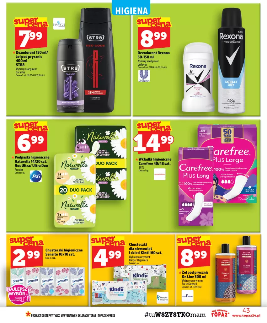 Gazetka promocyjna Topaz - Gazetka - ważna 10.09 do 16.09.2026 - strona 43 - produkty: Chusteczki, Dezodorant, Dzieci, Kindii, Naturell, Naturella, Podpaski, Rexona, Sito, Sok, Str8, Top