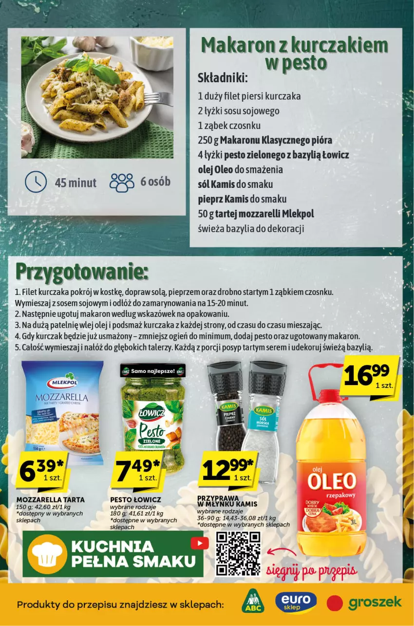 Gazetka promocyjna ABC - ważna 03.10 do 15.10.2024 - strona 5 - produkty: Bazyl, Bazylia, Groszek, Kamis, Kurczak, Makaron, Mozzarella, Olej, Oleo, Pesto, Pieprz, Por, Ser, Sól, Sos, Talerz, Tarta