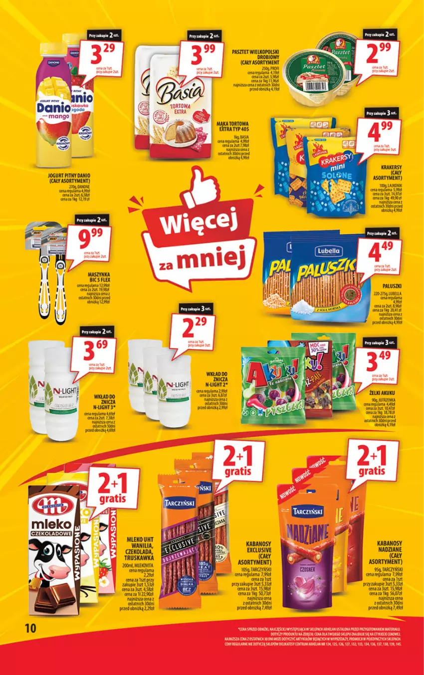 Gazetka promocyjna Arhelan - Gazetka - ważna 29.04 do 12.05.2024 - strona 10 - produkty: BIC, Czekolada, Danio, Fa, Gala, Gin, Jogurt, Jogurt pitny, Kabanos, Krakersy, Maszynka, Mleko, Pasztet, Szynka, Znicz