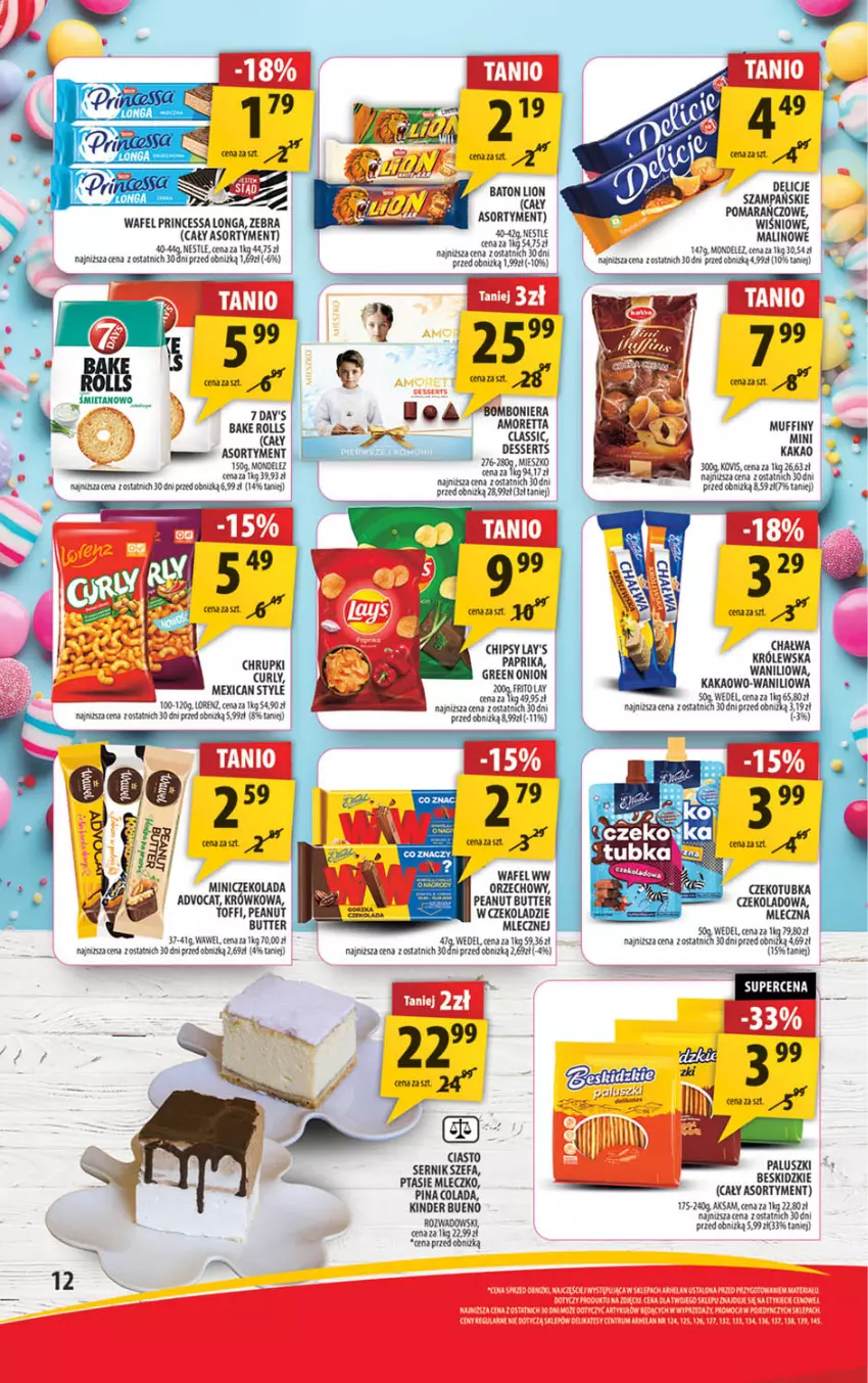 Gazetka promocyjna Arhelan - Gazetka - ważna 29.04 do 12.05.2024 - strona 12 - produkty: Aksam, Bake Rolls, Baton, Bomboniera, Chipsy, Delicje, Deser, Fa, Kakao, Kinder, Kinder Bueno, LG, Lion, Lorenz, Mleczko, Muffiny, Princessa, Ptasie mleczko, Ser, Tatra, Wawel