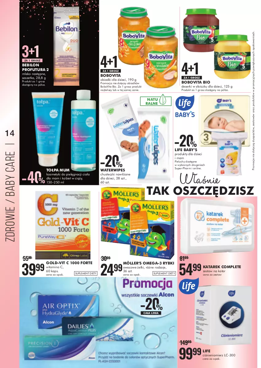 Gazetka promocyjna Super Pharm - Gazetka - ważna 18.11 do 27.11.2022 - strona 14 - produkty: BEBILON, BoboVita, Chusteczki, Ciśnieniomierz, Deser, Dzieci, Kosmetyki do pielęgnacji, Mleko, O nas, Omega-3, Pieluchy, Ser, Suplement diety, Tołpa, Zdrowie