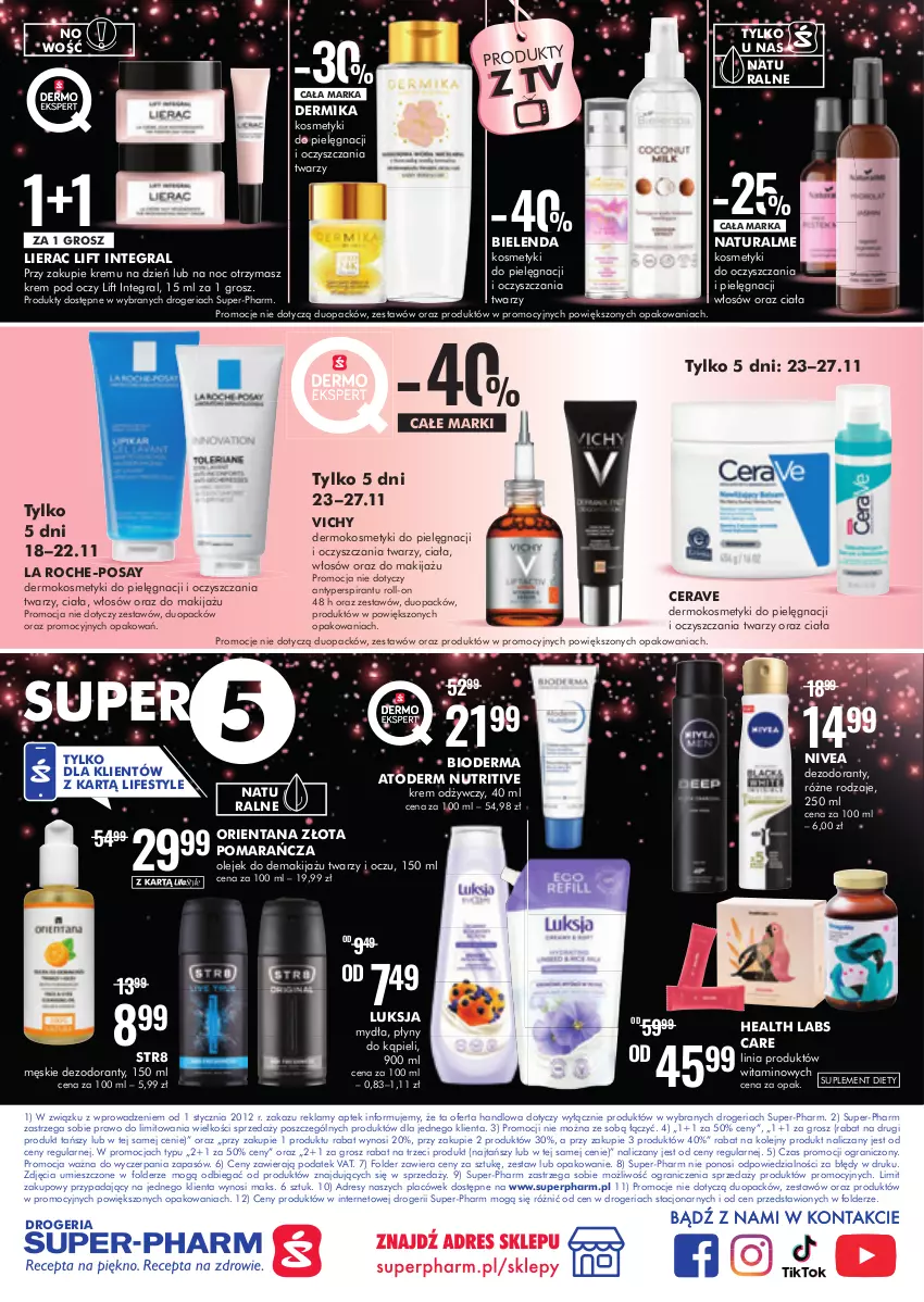 Gazetka promocyjna Super Pharm - Gazetka - ważna 18.11 do 27.11.2022 - strona 16 - produkty: Antyperspirant, Atoderm, Bielenda, Bioderma, CeraVe, Dermika, Dezodorant, Dres, Gra, Kosmetyki do pielęgnacji, Krem odżywczy, Krem pod oczy, La Roche-Posay, Lierac, Luksja, Makijaż, Nivea, Olej, Olejek do demakijażu, Str8, Suplement diety, Vichy