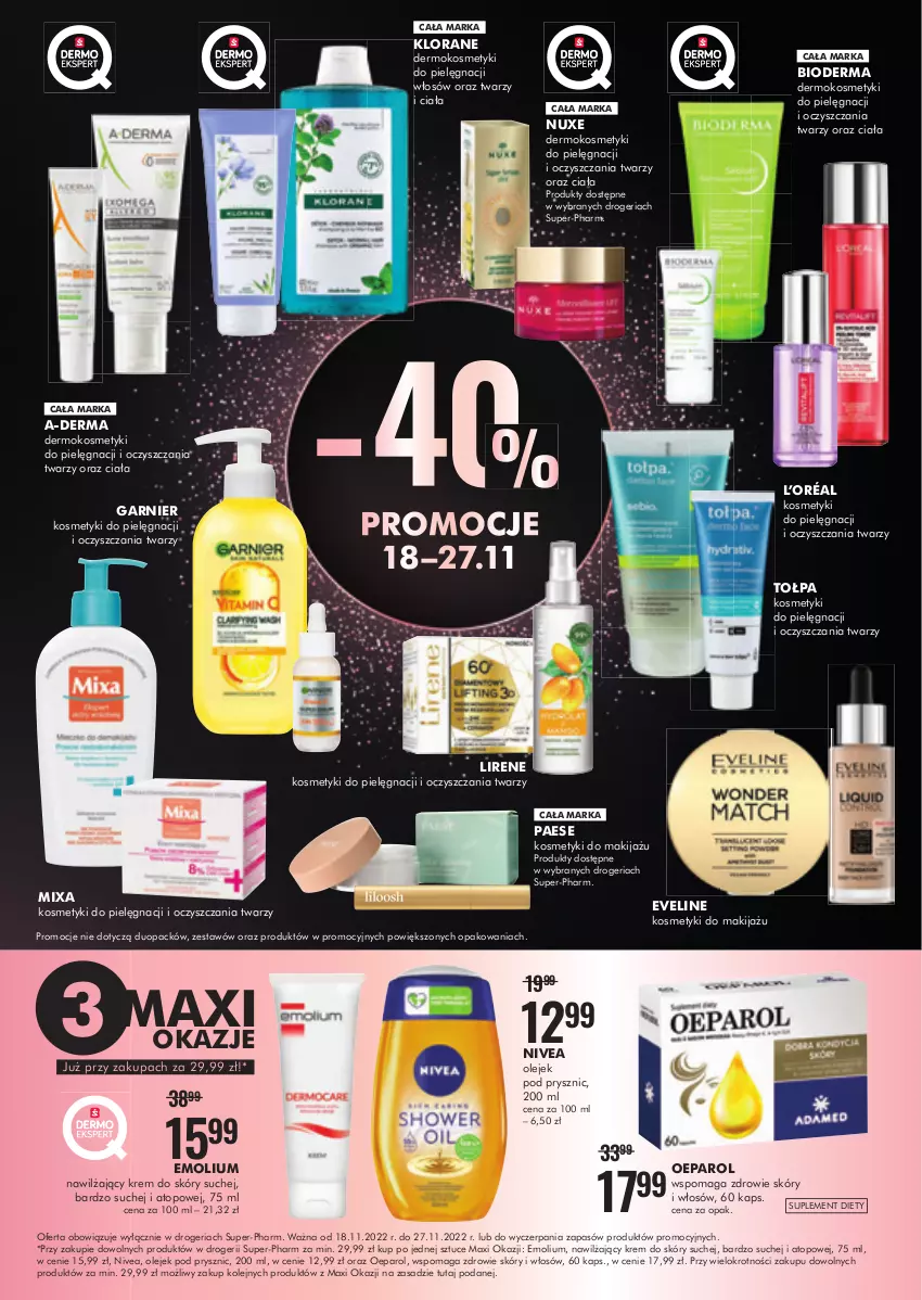 Gazetka promocyjna Super Pharm - Gazetka - ważna 18.11 do 27.11.2022 - strona 6 - produkty: A-derma, Bioderma, Emolium, Eveline, Garnier, Klorane, Kosmetyki do pielęgnacji, L’Oréal, Lirene, Makijaż, Mixa, Nivea, Nuxe, Olej, Olejek pod prysznic, PAESE, Suplement diety, Tołpa, Top, Zdrowie