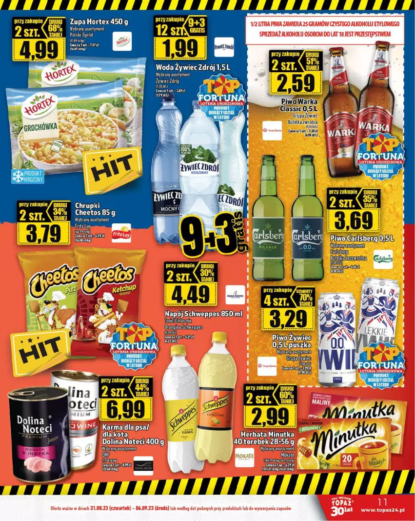 Gazetka promocyjna Topaz - Gazetka - ważna 31.08 do 06.09.2023 - strona 11 - produkty: Cheetos, Chrupki, Hortex, Napój, Ogród, Piwo, Schweppes, Warka, Woda, Zupa