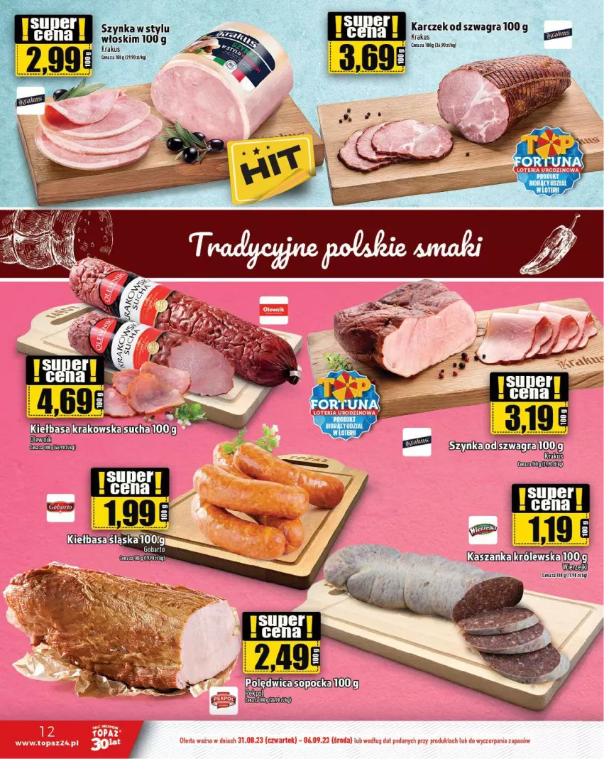 Gazetka promocyjna Topaz - Gazetka - ważna 31.08 do 06.09.2023 - strona 12 - produkty: Kiełbasa, Krakus