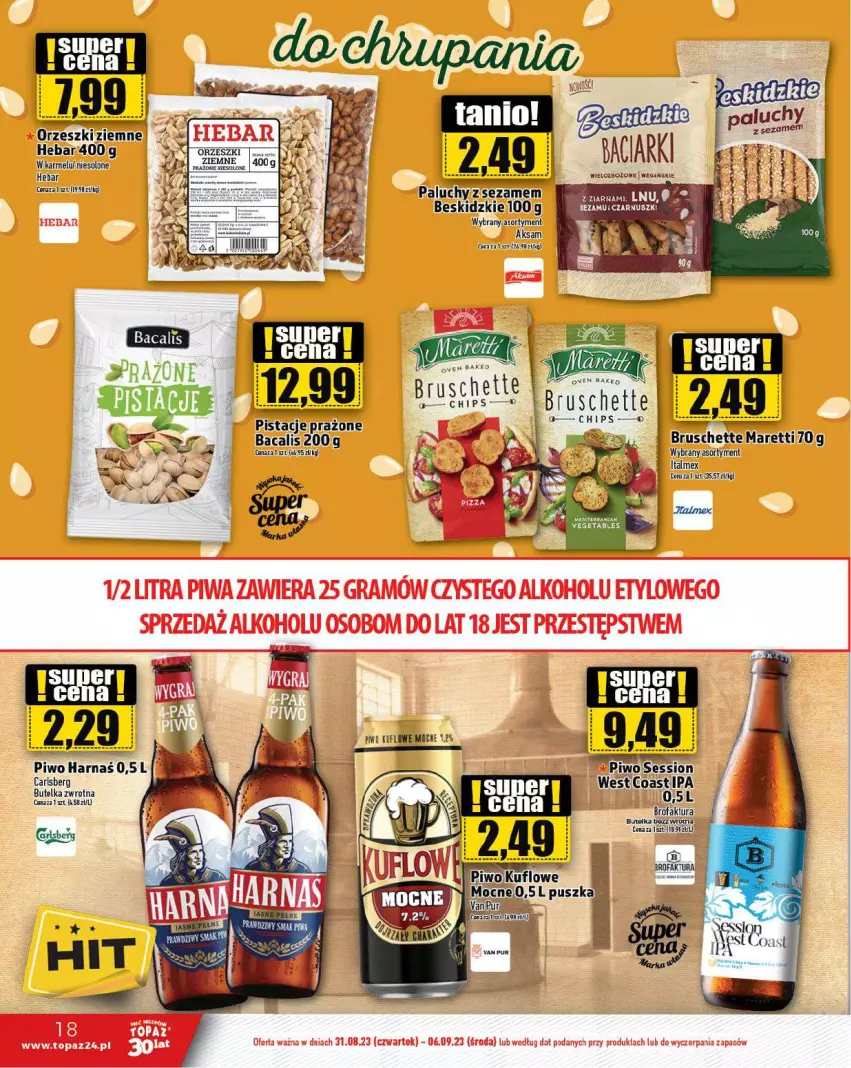 Gazetka promocyjna Topaz - Gazetka - ważna 31.08 do 06.09.2023 - strona 18 - produkty: Beskidzki, Bruschette, Carlsberg, Gra, Harnaś, Orzeszki, Pistacje, Piwa, Piwo, Sezam, Top