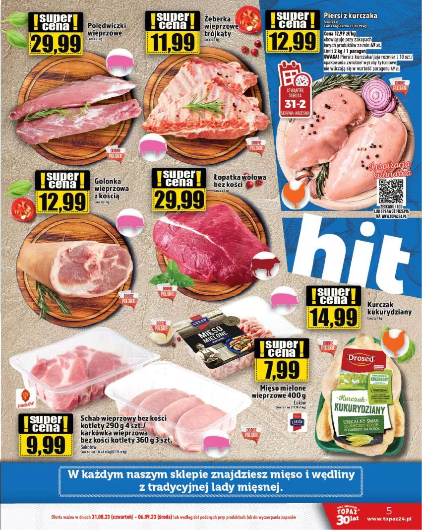 Gazetka promocyjna Topaz - Gazetka - ważna 31.08 do 06.09.2023 - strona 5 - produkty: Jaja, Karkówka wieprzowa, Kotlet, Kurczak, LG, Mięso, Mięso mielone, Schab wieprzowy, Sok, Sokołów, Sos, Top, Waga