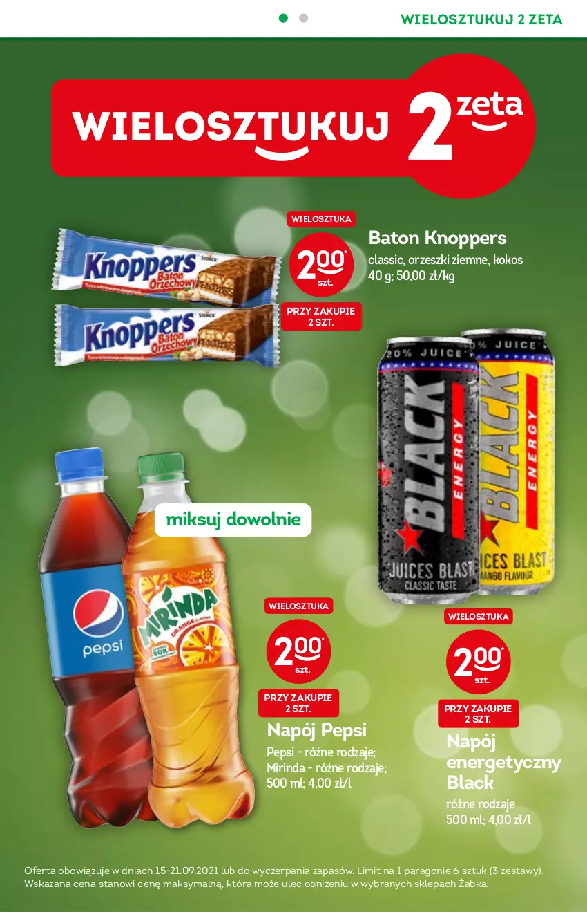 Gazetka promocyjna Żabka - ważna 15.09 do 21.09.2021 - strona 2 - produkty: Baton, Knoppers, Kokos, Lack, Mirinda, Napój, Napój energetyczny, Orzeszki, Orzeszki ziemne, Pepsi