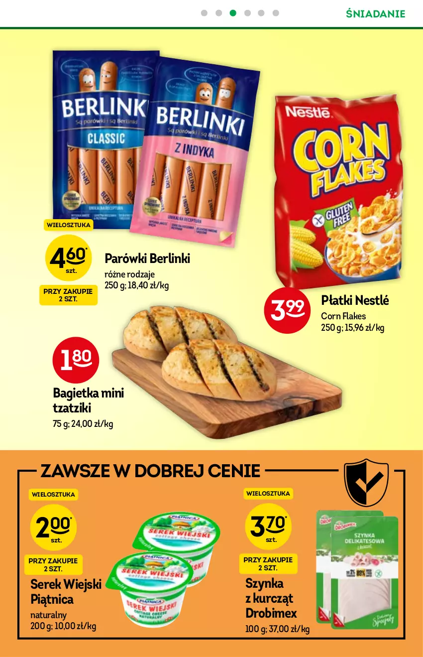 Gazetka promocyjna Żabka - ważna 15.09 do 21.09.2021 - strona 29 - produkty: Bagietka, Berlinki, Corn flakes, Drobimex, Nestlé, Parówki, Piątnica, Ser, Serek, Serek wiejski, Szynka