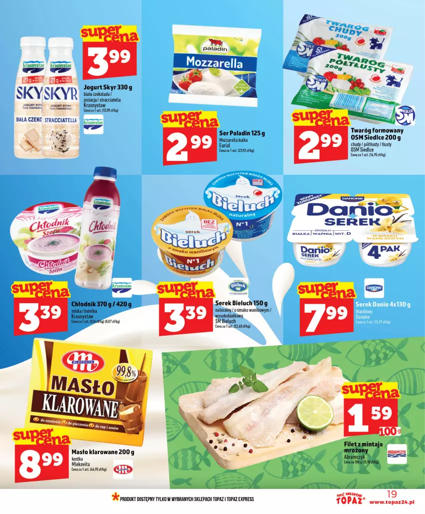 Gazetka promocyjna Topaz - Gazetka - ważna 11.06 do 17.06.2026 - strona 19 - produkty: Bieluch, Jogurt, Jogurt pitny, Masło, Masło klarowane, Mintaj, Miska, Mleko, Mlekovita, Mozzarella, Ser, Serek, Sok, Top, Vita C