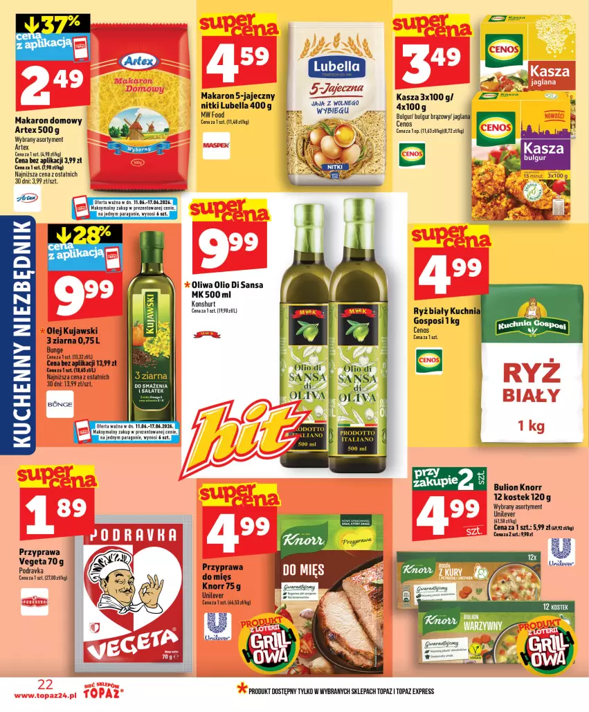 Gazetka promocyjna Topaz - Gazetka - ważna 11.06 do 17.06.2026 - strona 22 - produkty: Bell, Bella, Bulgur, Bulion, Kasza, Knorr, Kuchnia, Kujawski, LG, Lion, Lubella, Makaron, Olej, Podravka, Ryż, Stek, Top, Vegeta