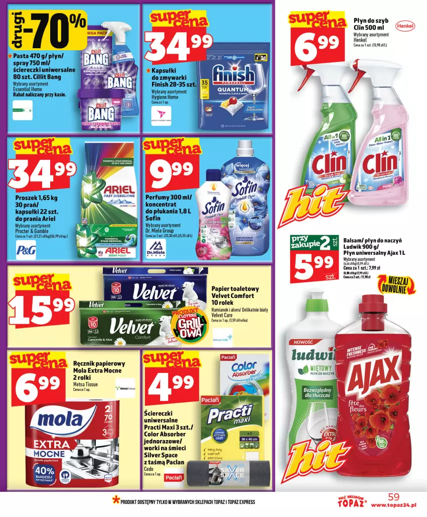 Gazetka promocyjna Topaz - Gazetka - ważna 11.06 do 17.06.2026 - strona 59 - produkty: Ajax, Ariel, Cillit Bang, Clin, Finish, Ludwik, Mola, Papier, Papier toaletowy, Perfum, Płyn do szyb, Ręcznik, Rolki, Rum, Top, Velvet, Worki na śmiec, Worki na śmieci, Zmywarki