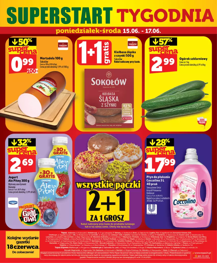 Gazetka promocyjna Topaz - Gazetka - ważna 11.06 do 17.06.2026 - strona 62 - produkty: Bielska, Body, Danone, Kiełbasa, KOBO, Lack, Ogiński, Ogród, Olej, Podlaski, Sok, Sokołów, Top, Woda