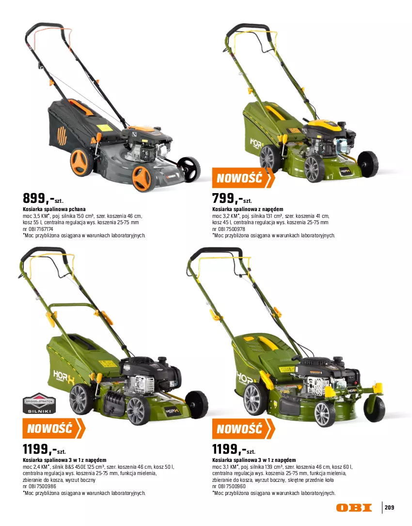 Gazetka promocyjna Obi - Gazetka OBI - ważna 16.03 do 31.08.2026 - strona 209 - produkty: Kosiarka, Kosiarka spalinowa z napędem, Kosz
