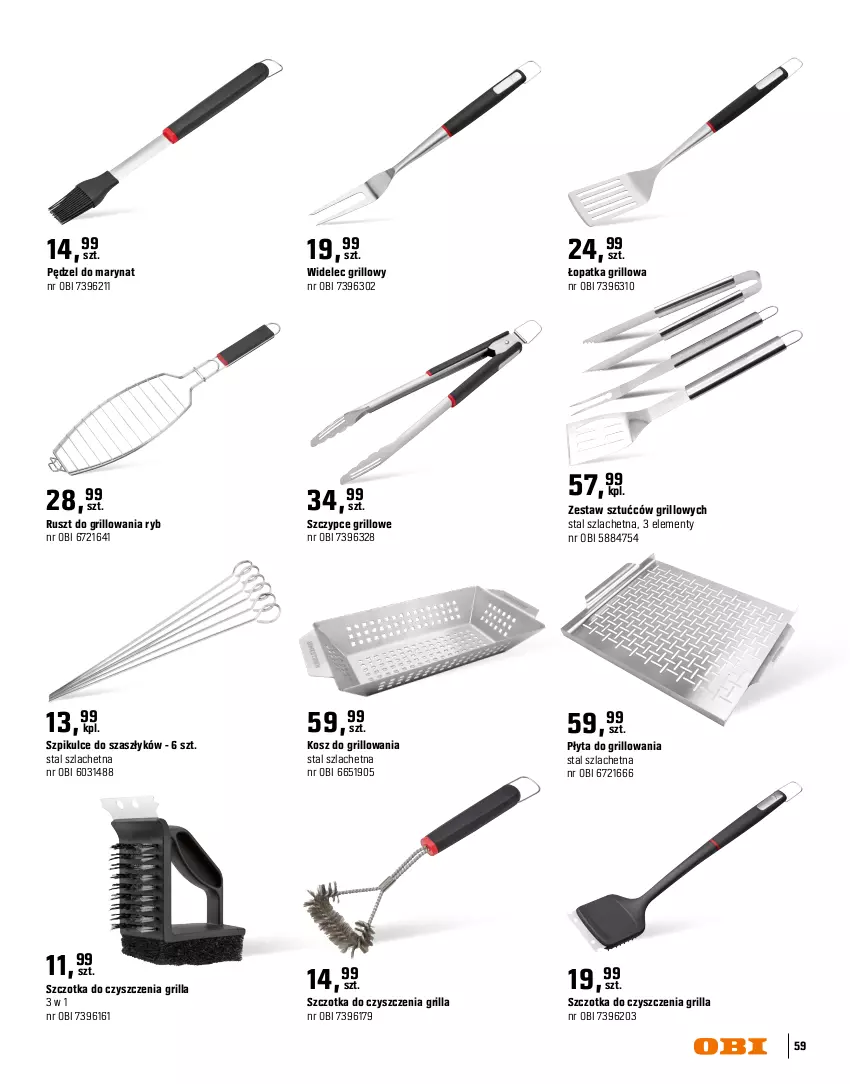 Gazetka promocyjna Obi - Gazetka OBI - ważna 16.03 do 31.08.2026 - strona 59 - produkty: Grill, Kosz, Płyta, Przysmaki, Stek, Szczotka, Szczypce, Top, Widelec, Zestaw sztućców