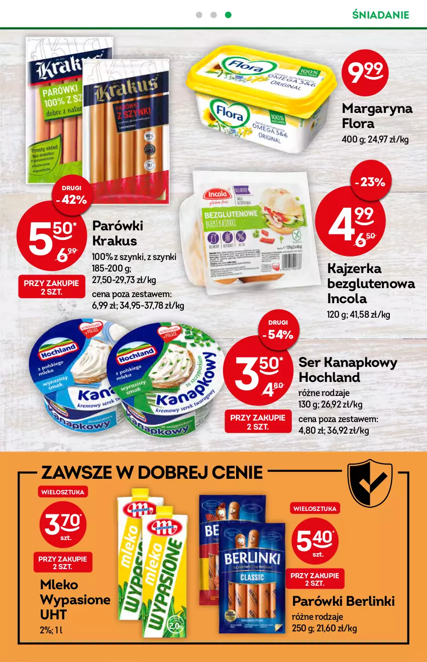 Gazetka promocyjna Żabka - ważna 17.08 do 23.08.2022 - strona 36 - produkty: Berlinki, Flora, Hochland, Kajzerka, Krakus, Margaryna, Mleko, Parówki, Ser