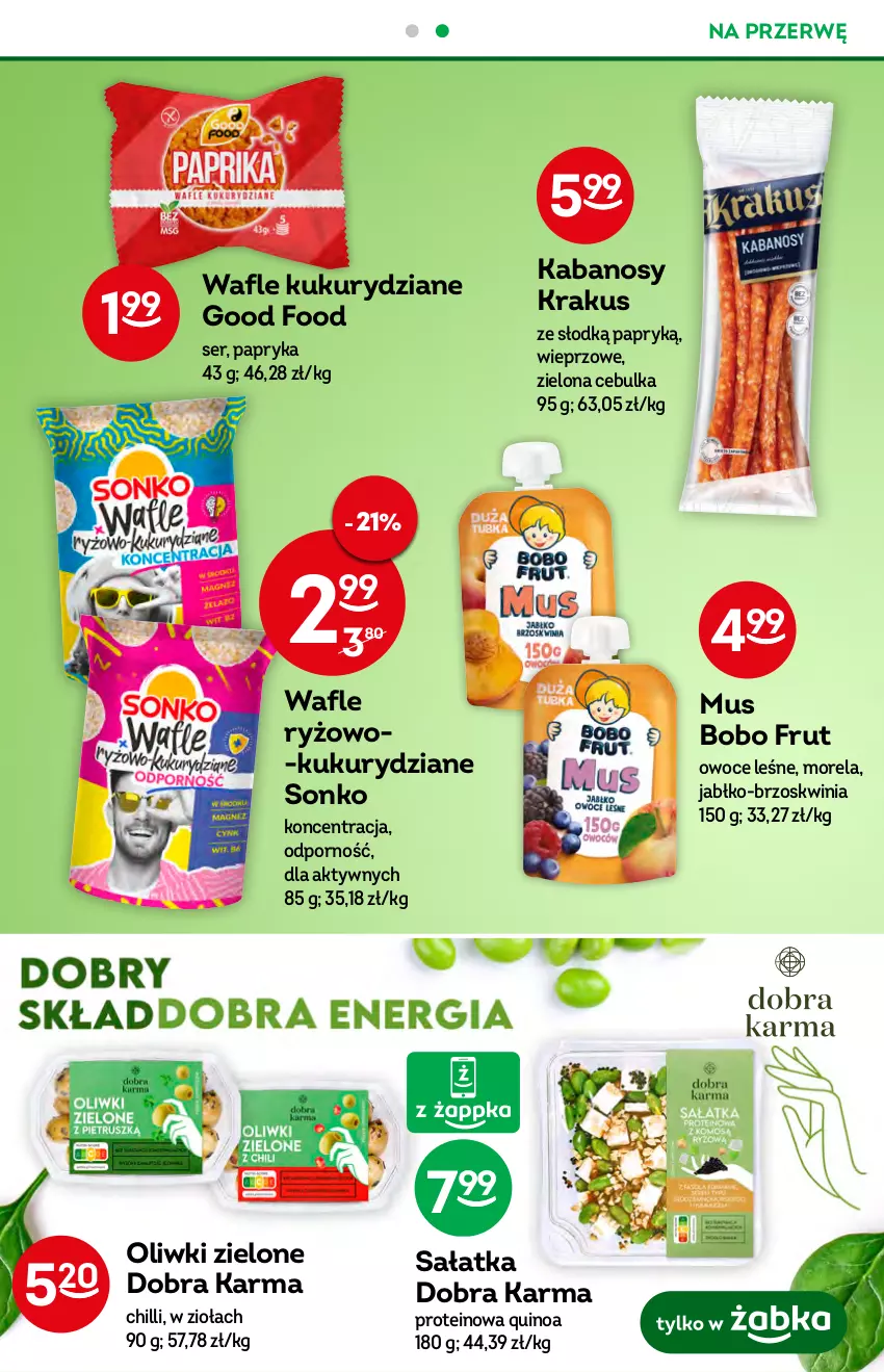 Gazetka promocyjna Żabka - ważna 17.08 do 23.08.2022 - strona 38 - produkty: Kabanos, Krakus, Morela, Mus, Oliwki, Oliwki zielone, Owoce, Papryka, Por, Quinoa, Ryż, Sałat, Sałatka, Ser, Sonko, Wafle