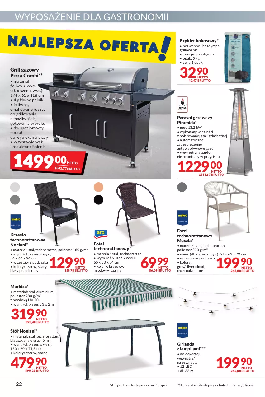 Gazetka promocyjna Makro - [Oferta promocyjna] Artykuły spożywcze i przemysłowe - ważna 09.08 do 22.08.2022 - strona 22 - produkty: Fotel, Girlanda, Grill, Grill gazowy, Kokos, Krzesło, Markiza, Mus, Parasol, Piec, Pizza, Poduszka, Stół