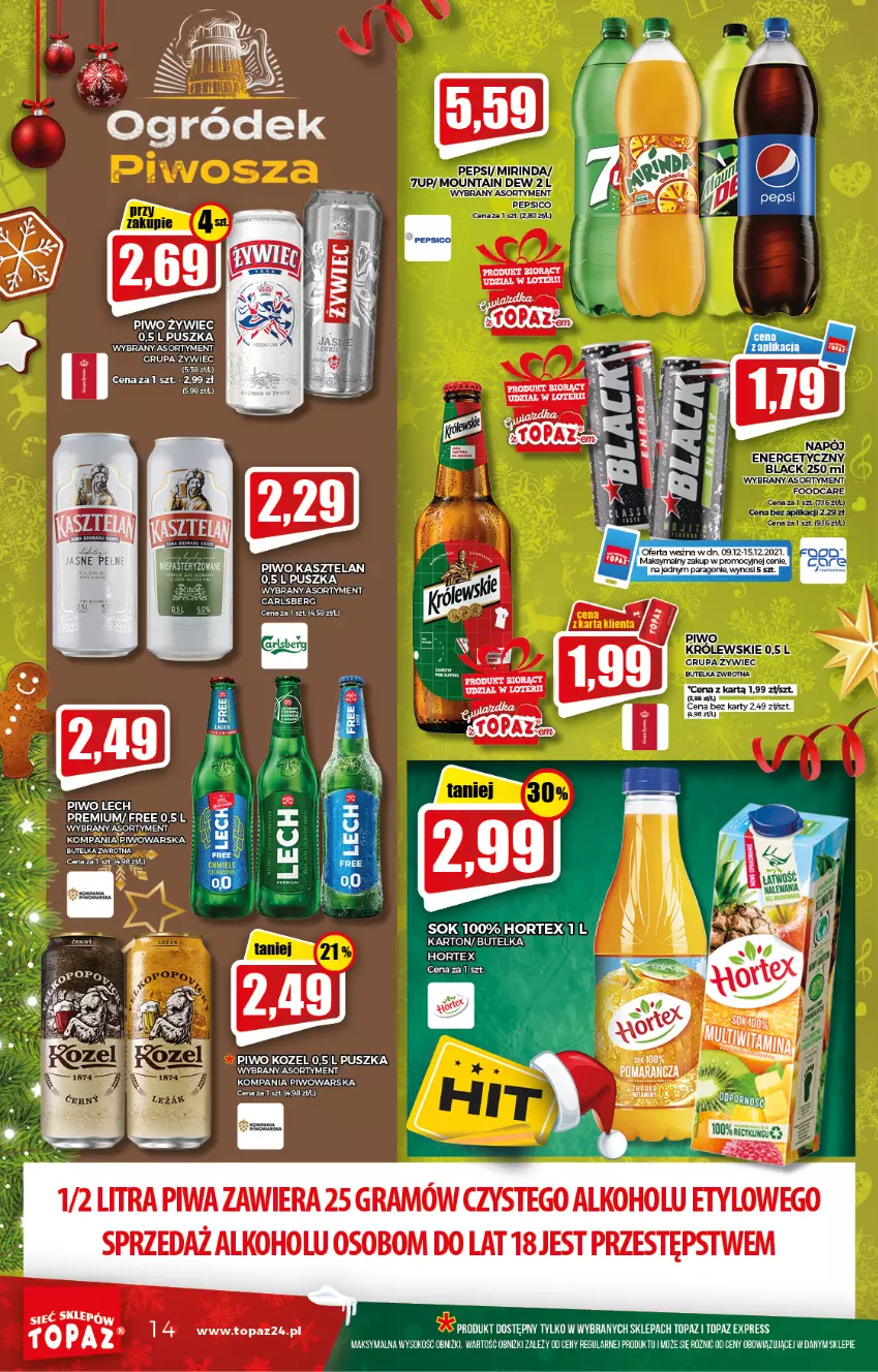 Gazetka promocyjna Topaz - Gazetka - ważna 09.12 do 15.12.2021 - strona 14 - produkty: 7up, Gra, Hortex, Kasztelan, Kozel, Królewski, Lech Premium, Mirinda, Pepsi, Piwa, Piwo, Sok, Top