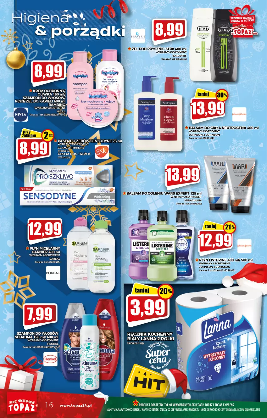 Gazetka promocyjna Topaz - Gazetka - ważna 09.12 do 15.12.2021 - strona 16 - produkty: Balsam do ciała, Balsam po goleniu, Garnier, Listerine, Neutrogena, Nivea, Płyn micelarny, Ręcznik, Ręcznik kuchenny, Sensodyne, Sok, Str8, Szampon, Top