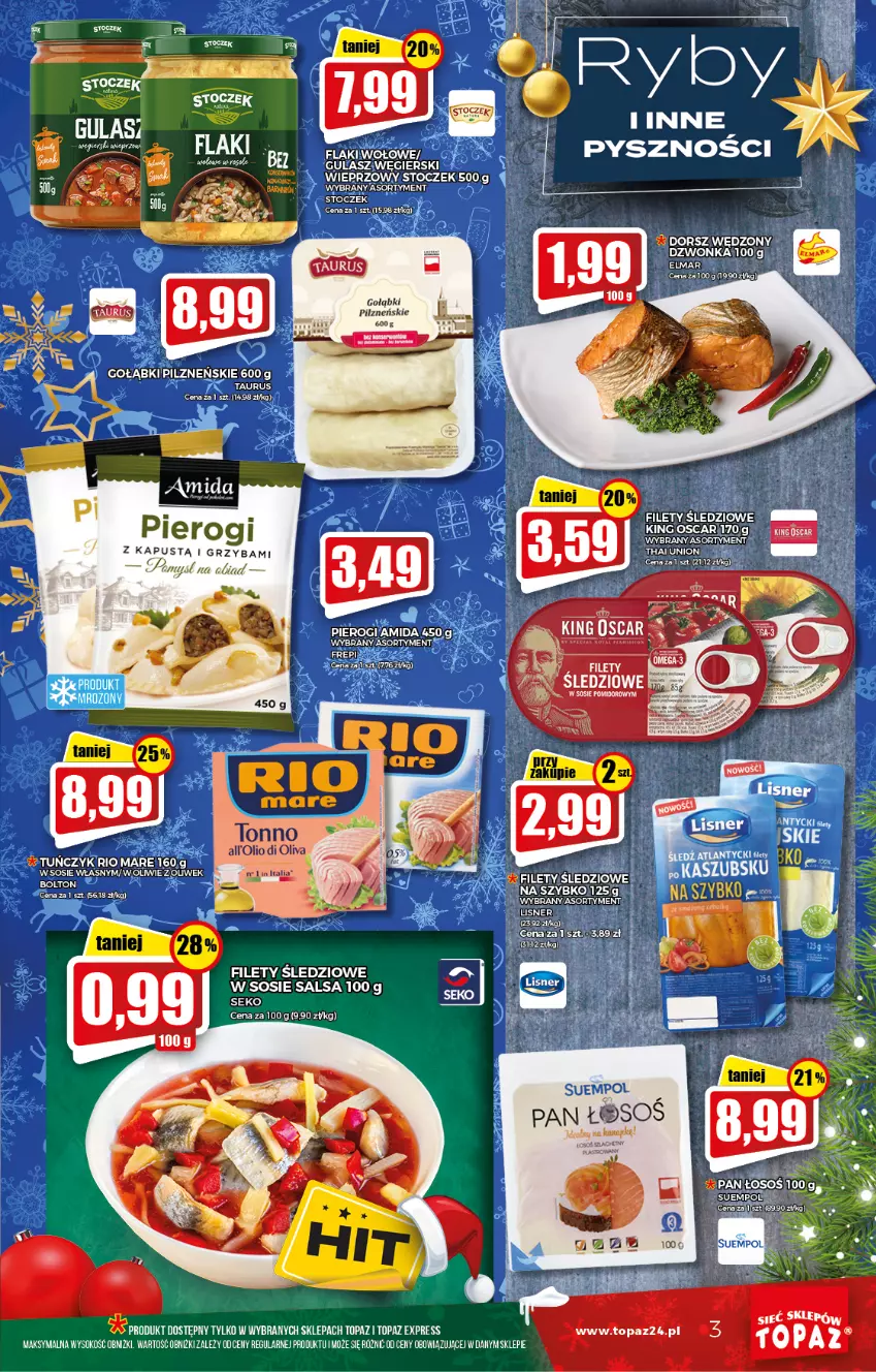 Gazetka promocyjna Topaz - Gazetka - ważna 09.12 do 15.12.2021 - strona 3 - produkty: Dorsz, Kapustą, Lisner, Pierogi, Salsa, Sok, Top, Tuńczyk