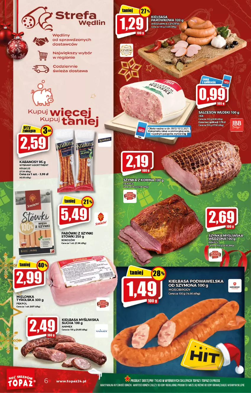 Gazetka promocyjna Topaz - Gazetka - ważna 09.12 do 15.12.2021 - strona 6 - produkty: Kabanos, Kiełbasa, Kiełbasa podwawelska, Krakus, Mielonka tyrolska, Pekpol, Salceson, Sok, Sokołów, Szynka, Top, Wawel