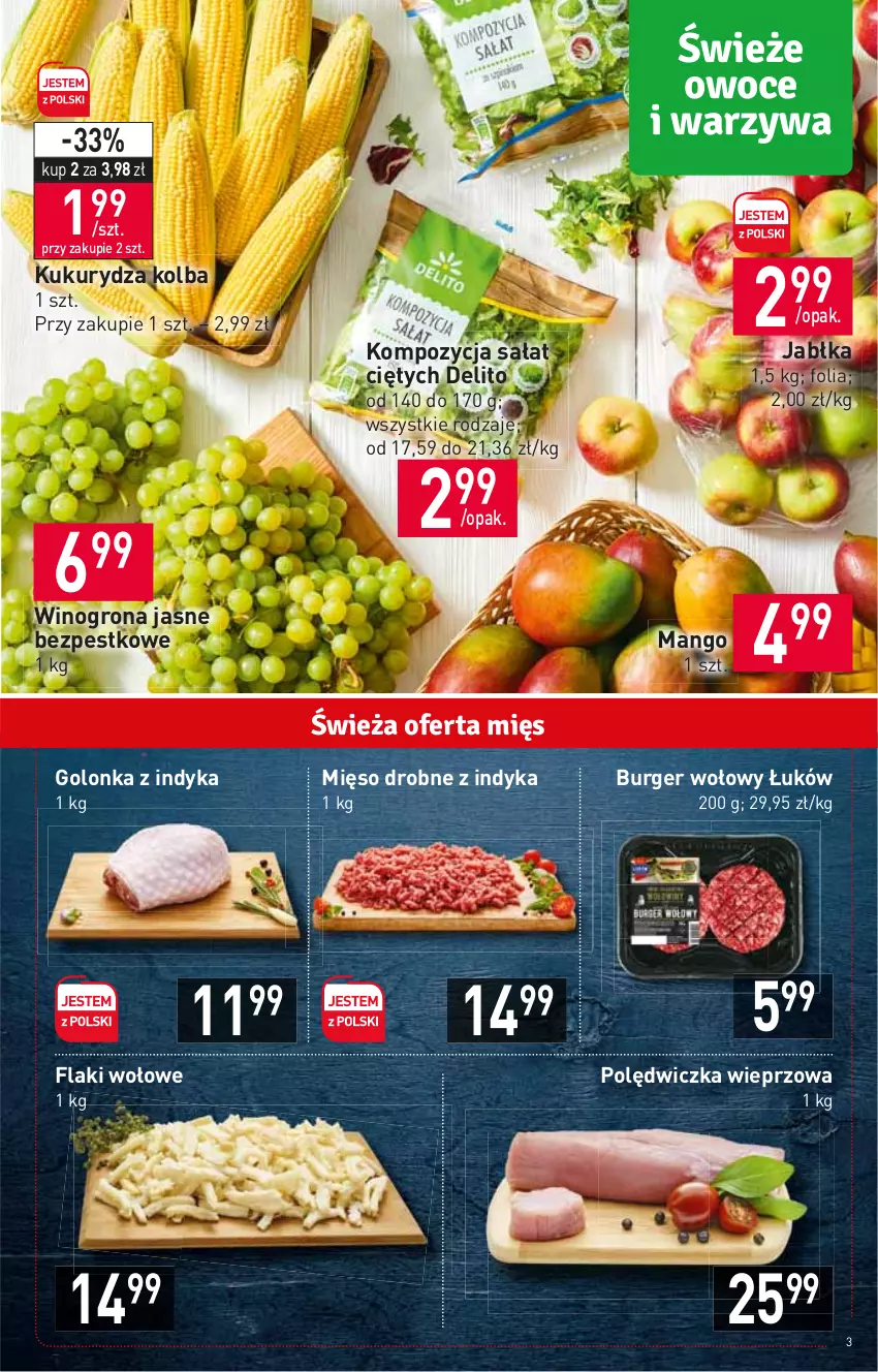 Gazetka promocyjna Stokrotka - Market - ważna 22.09 do 28.09.2022 - strona 3 - produkty: Burger, Flaki, Flaki wołowe, Golonka z indyka, Jabłka, Kukurydza, Mango, Mięso, Polędwiczka wieprzowa, Sałat, Wino, Winogrona