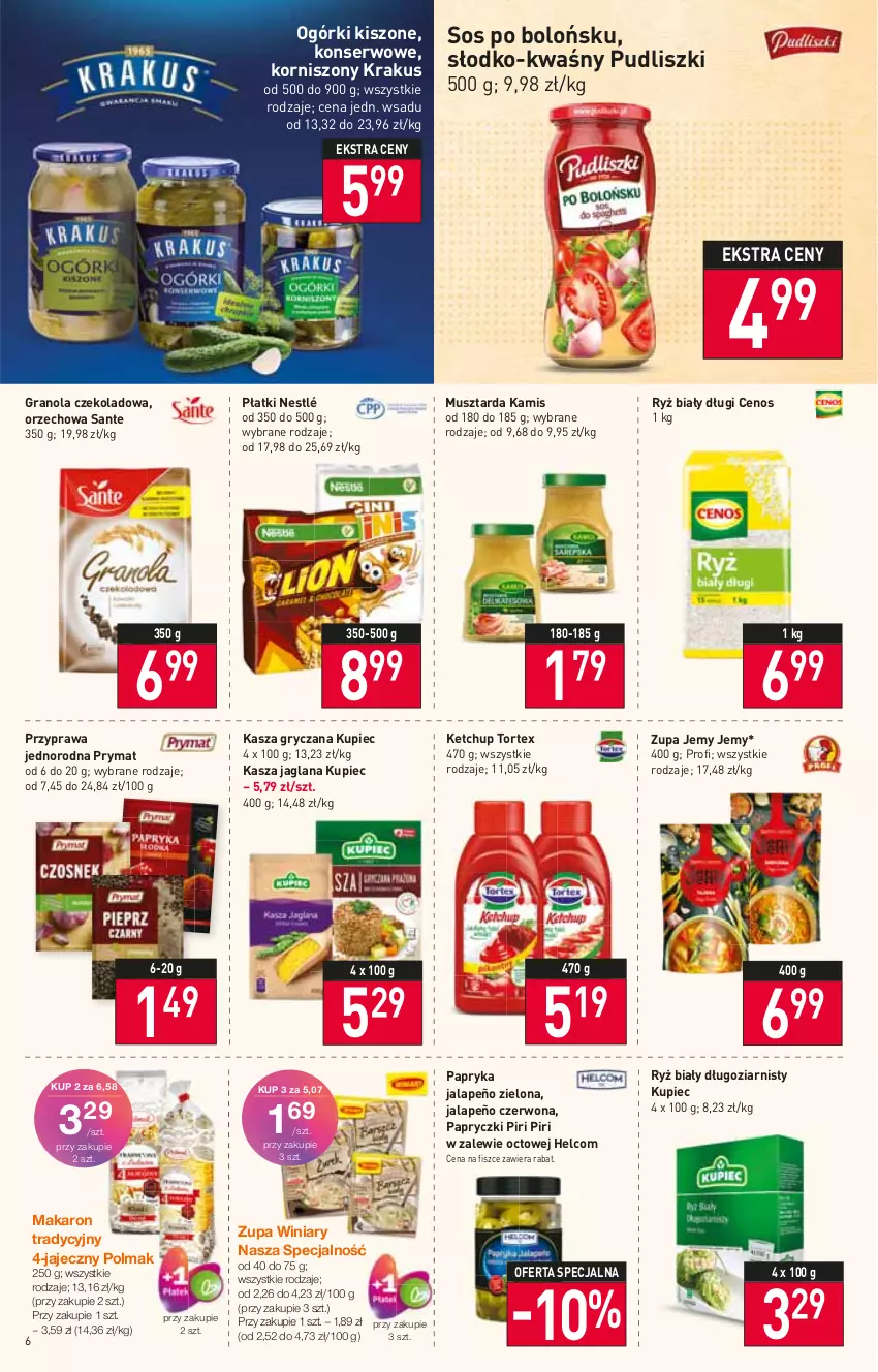 Gazetka promocyjna Stokrotka - Market - ważna 22.09 do 28.09.2022 - strona 6 - produkty: Cenos, Gra, Granola, Gry, HELCOM, Kamis, Kasza, Kasza gryczana, Kasza jaglana, Ketchup, Korniszony, Krakus, Kupiec, LANA, Makaron, Mus, Musztarda, Nestlé, Olma, Papryka, Papryka jalapeño, Piec, Prymat, Pudliszki, Ryż, Ryż biały, Sante, Ser, Sos, Winiary, Zupa