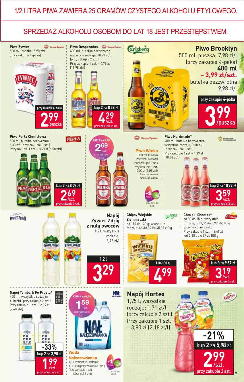 Gazetka promocyjna Stokrotka - Market - ważna 22.09 do 28.09.2022 - strona 9 - produkty: Cheetos, Chipsy, Chrupki, Desperados, Gra, Hortex, Nałęczowianka, Napój, Perła, Piwa, Piwo, Tymbark, Warka, Woda