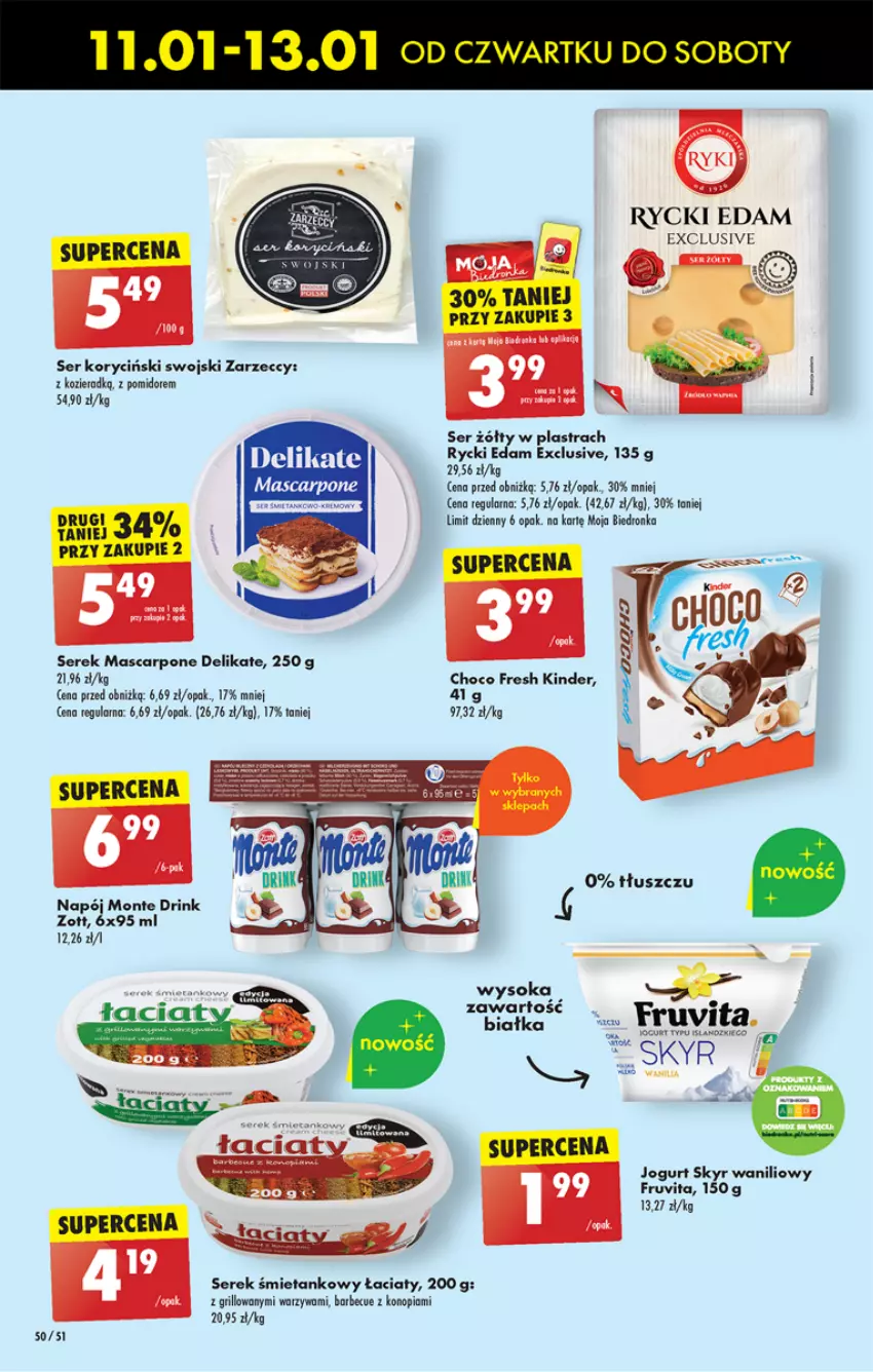 Gazetka promocyjna Biedronka - Od czwartku - ważna 11.01 do 17.01.2024 - strona 64 - produkty: Dron, Edam, Grill, Jogurt, Kinder, Mascarpone, Napój, Rycki Edam, Ser, Serek, Sok, Warzywa, Zott