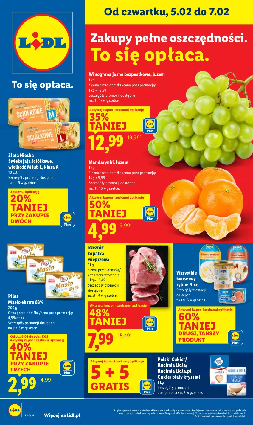 Gazetka promocyjna Lidl - GAZETKA - ważna 05.02 do 07.02.2026 - strona 1 - produkty: Cukier, Gra, Jaja, Kuchnia, Mandarynki, Masło, Pilos, Ser, Wino, Winogrona