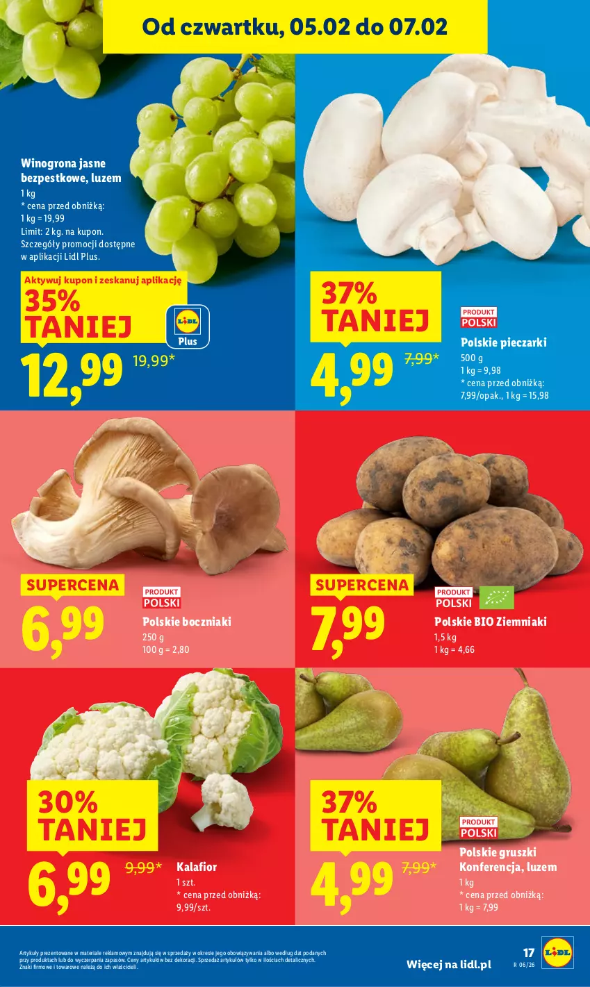 Gazetka promocyjna Lidl - GAZETKA - ważna 05.02 do 07.02.2026 - strona 19 - produkty: Boczniak, Gruszki, Kalafior, Piec, Wino, Winogrona, Ziemniaki