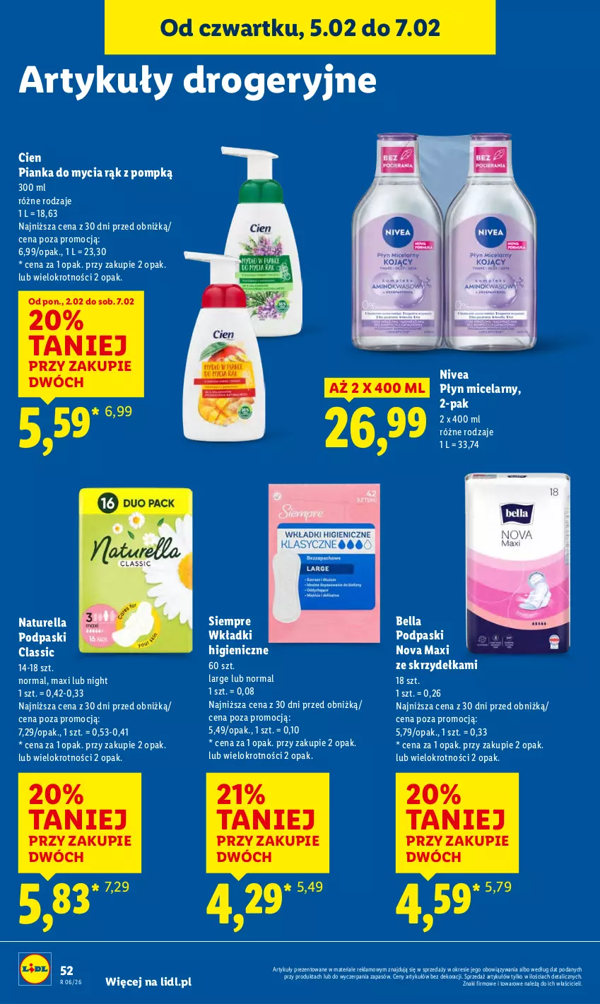 Gazetka promocyjna Lidl - GAZETKA - ważna 05.02 do 07.02.2026 - strona 54 - produkty: Bell, Bella, Naturell, Naturella, Nivea, Płyn micelarny, Podpaski, Wkładki