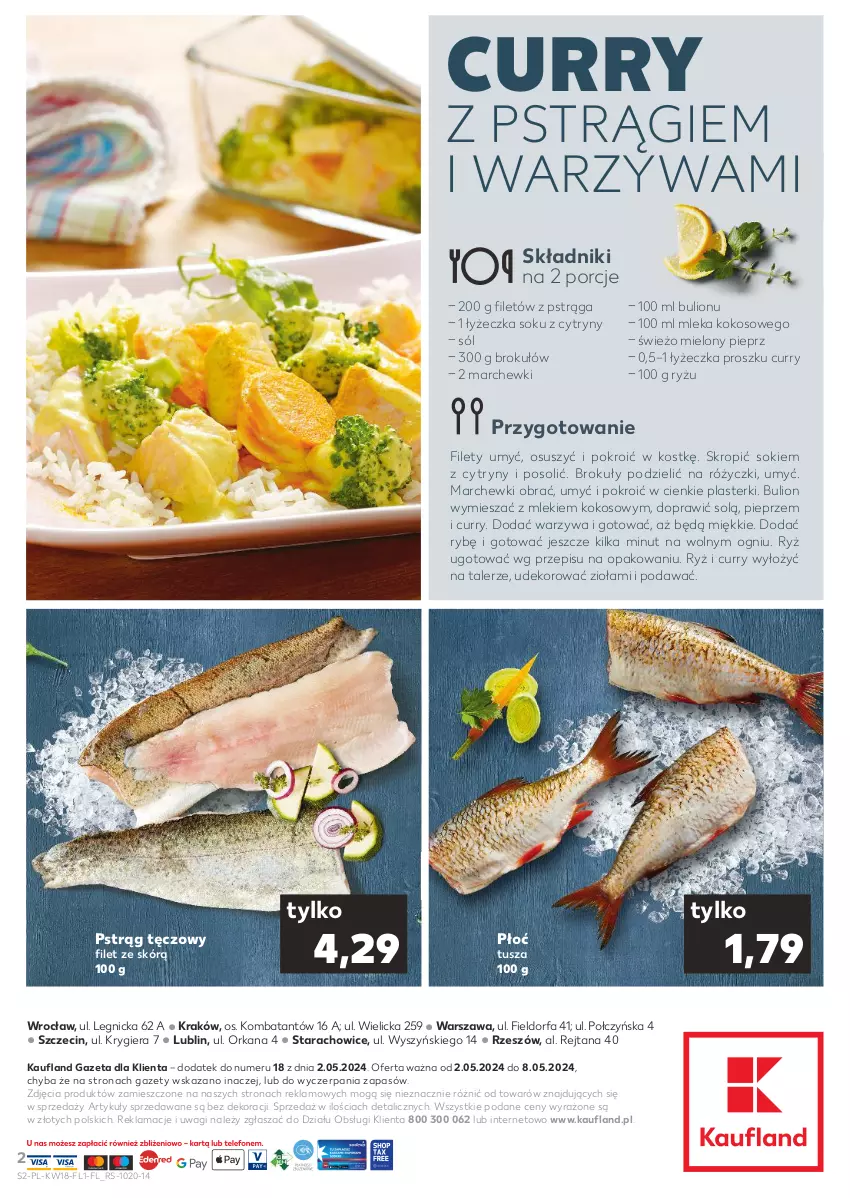 Gazetka promocyjna Kaufland - Mocny Start - ważna 02.05 do 08.05.2024 - strona 2 - produkty: Brokuły, Bulion, Cytryny, Fa, Kokos, Lion, Orka, Pieprz, Plasterki, Por, Pstrąg, Pstrąg tęczowy, Ryż, Sok, Sól, Talerz, Tusz, Wagi, Warzywa