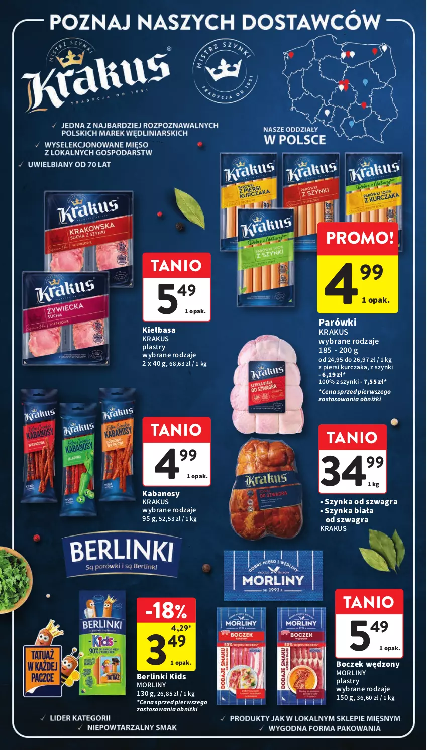 Gazetka promocyjna Intermarche - Gazetka Intermarche - ważna 16.05 do 22.05.2024 - strona 16 - produkty: Berlinki, Boczek, Gra, Kabanos, Kiełbasa, Krakus, Kurczak, Morliny, Parówki, Szynka, Szynka biała