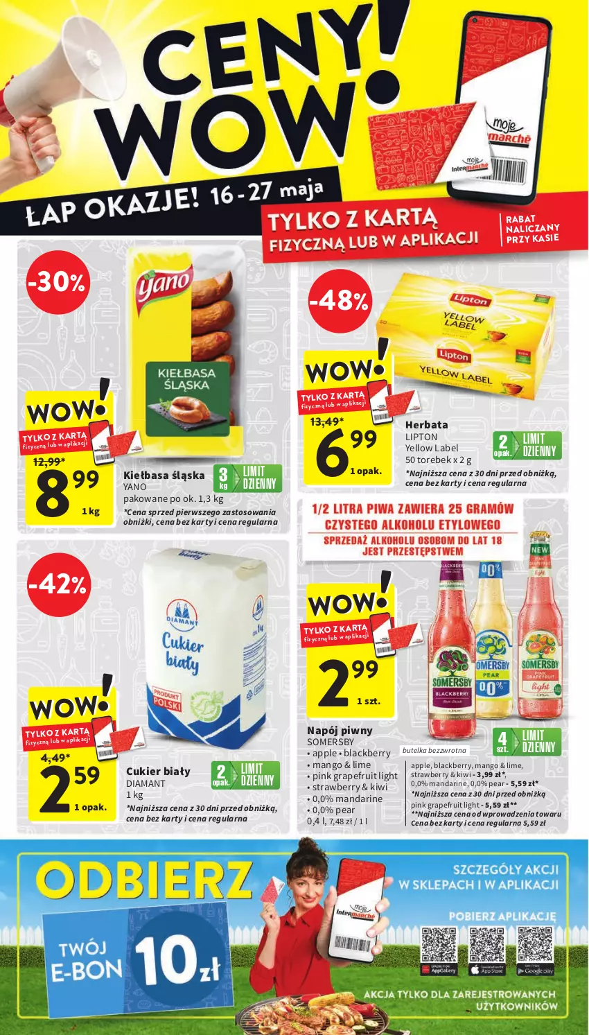 Gazetka promocyjna Intermarche - Gazetka Intermarche - ważna 16.05 do 22.05.2024 - strona 40 - produkty: Cukier, Diamant, Gra, Herbata, Kiełbasa, Kiełbasa śląska, Kiwi, Lack, Lipton, Mango, Napój, Somersby