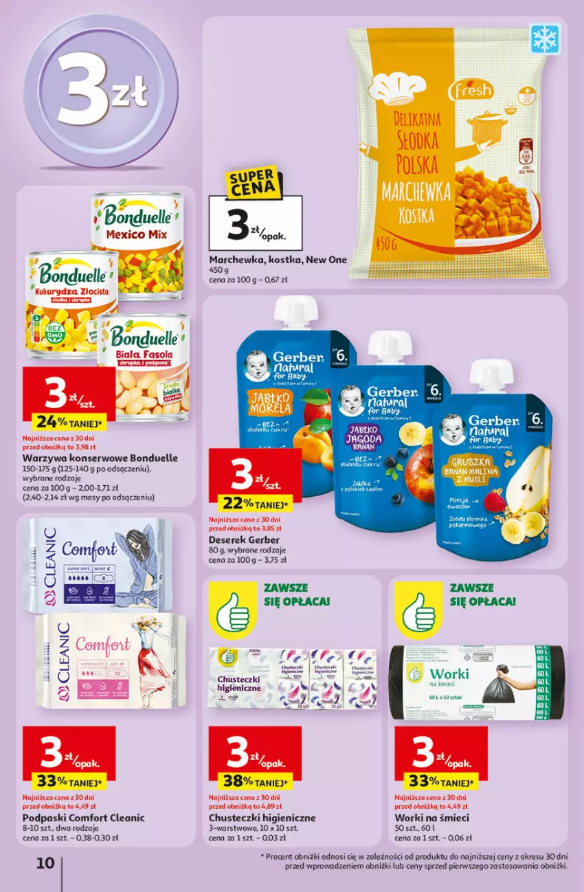 Gazetka promocyjna Auchan - Gazetka Wielkie Przeboje Cenowe Hipermarket Auchan - ważna 02.01 do 07.01.2026 - strona 10 - produkty: Baby O, Bonduelle, Chusteczki, Cleanic, Deser, Gerber, Kukurydza, Marchewka, Mus, Podpaski, Ser, Serek, Warzywa, Warzywa konserwowe, Worki na śmiec, Worki na śmieci