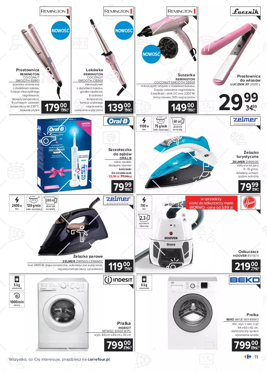 Gazetka promocyjna Carrefour - Gazetka Multimedia kibica - ważna 24.05 do 12.06.2021 - strona 11 - produkty: Beko, Grzałka, Indesit, Kokos, Lokówka, Odkurzacz, Pralka, Prostownica do włosów, Remington, Suszarka, Szczoteczka, Szczoteczka do zębów, Top, Zelmer