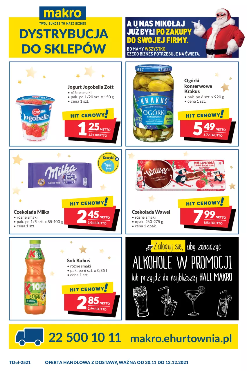 Gazetka promocyjna Makro - [Oferta promocyjna] Dostawa - ważna 30.11 do 13.12.2021 - strona 1 - produkty: Bell, Bella, Czekolada, Jogobella, Jogurt, Krakus, Kubuś, Milka, Ogórki konserwowe, Ser, Sok, Wawel, Zott