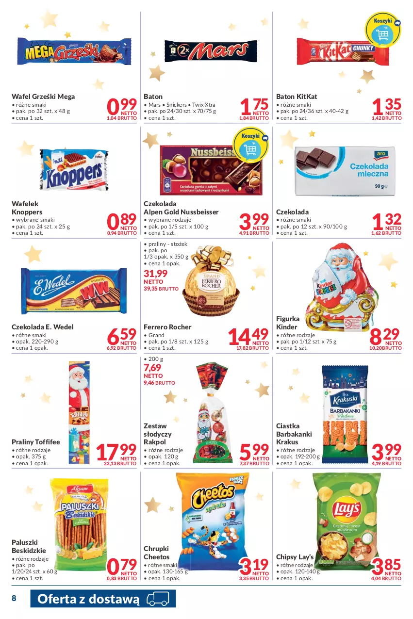 Gazetka promocyjna Makro - [Oferta promocyjna] Dostawa - ważna 30.11 do 13.12.2021 - strona 8 - produkty: Baton, Beskidzki, Cheetos, Chipsy, Chrupki, Ciastka, Czekolada, E. Wedel, Ferrero, Ferrero Rocher, Gra, Grześki, Kinder, Knoppers, Krakus, Lay’s, Mars, Praliny, Ser, Snickers, Toffifee, Twix, Wafelek