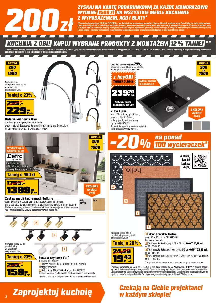 Gazetka promocyjna Obi - Gazetka OBI - ważna 22.10 do 11.11.2025 - strona 2 - produkty: Bateria, Bateria kuchenna, Bell, Drzwi, Drzwi zewnętrzne, Fa, Gra, Kokos, Kuchnia, Lack, Lakier, Meble, Piec, Por, Rum, Skrzydło drzwiowe, Sok, Syfon, Tarta, Wycieraczka, Zestaw mebli kuchennych, Zlew